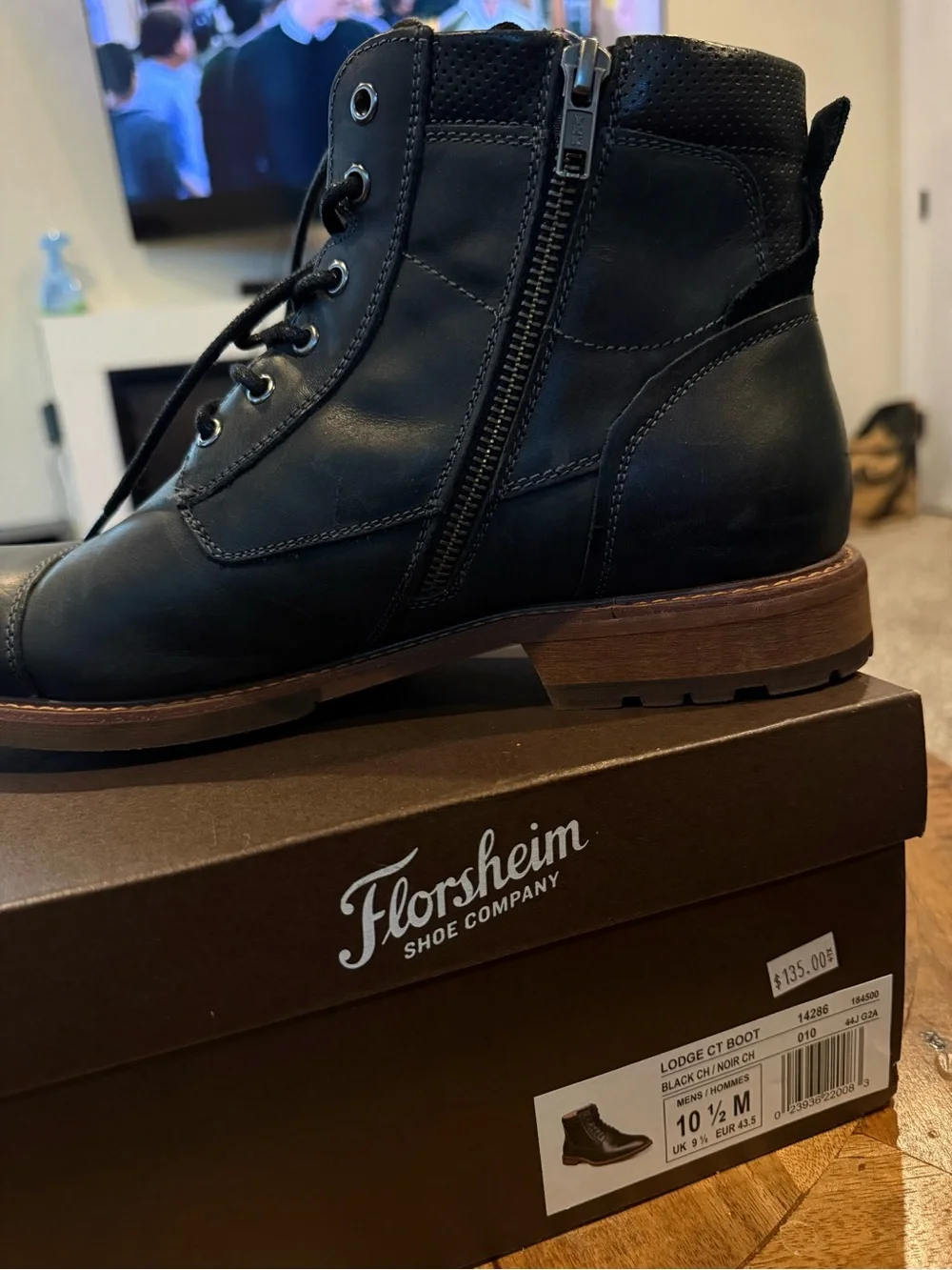 Florsheim Black Leather Lodge Cap Toe Boots with Brown Sole